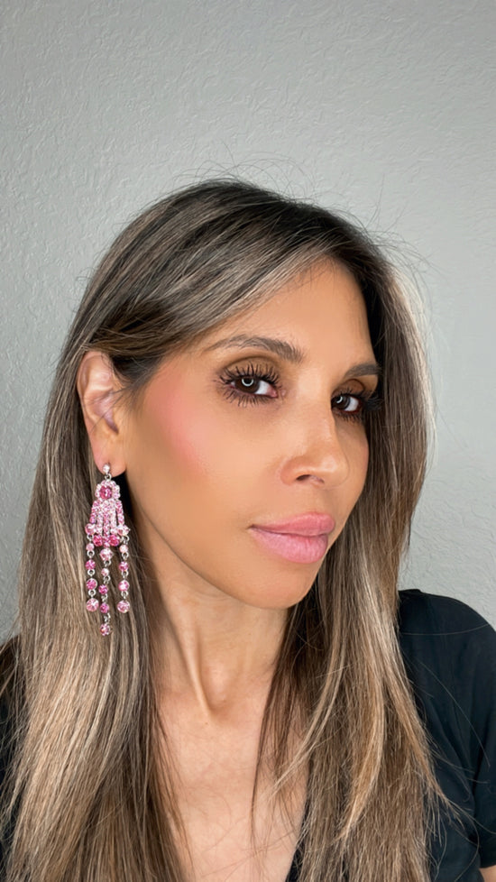 Load image into Gallery viewer, Pink Crystal and Silver Chandelier Earrings - Born To Glam
