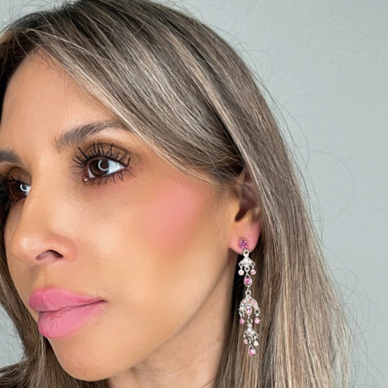 Load image into Gallery viewer, Pink &amp;amp; Iridescent Crystal Long Earring - Born To Glam
