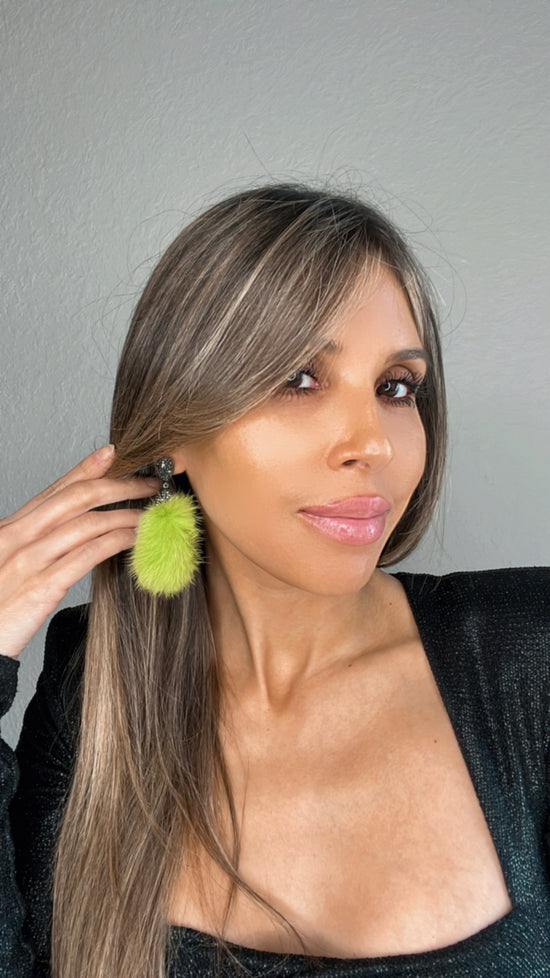 Lime Green Fur Drop Crystal Earring - Born To Glam