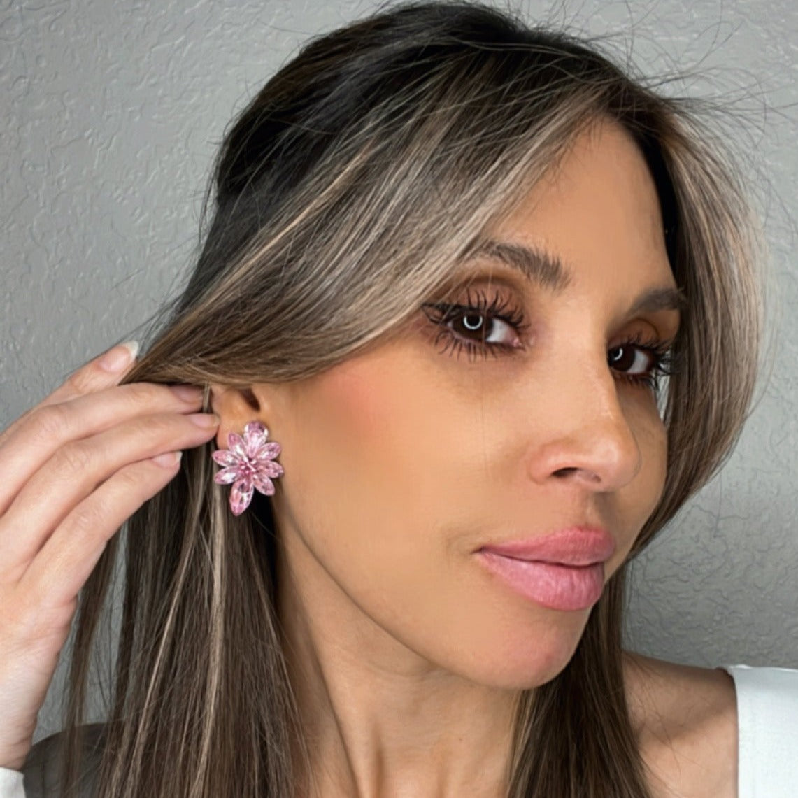 Pink Flower Crystal Stud Clip On Earring