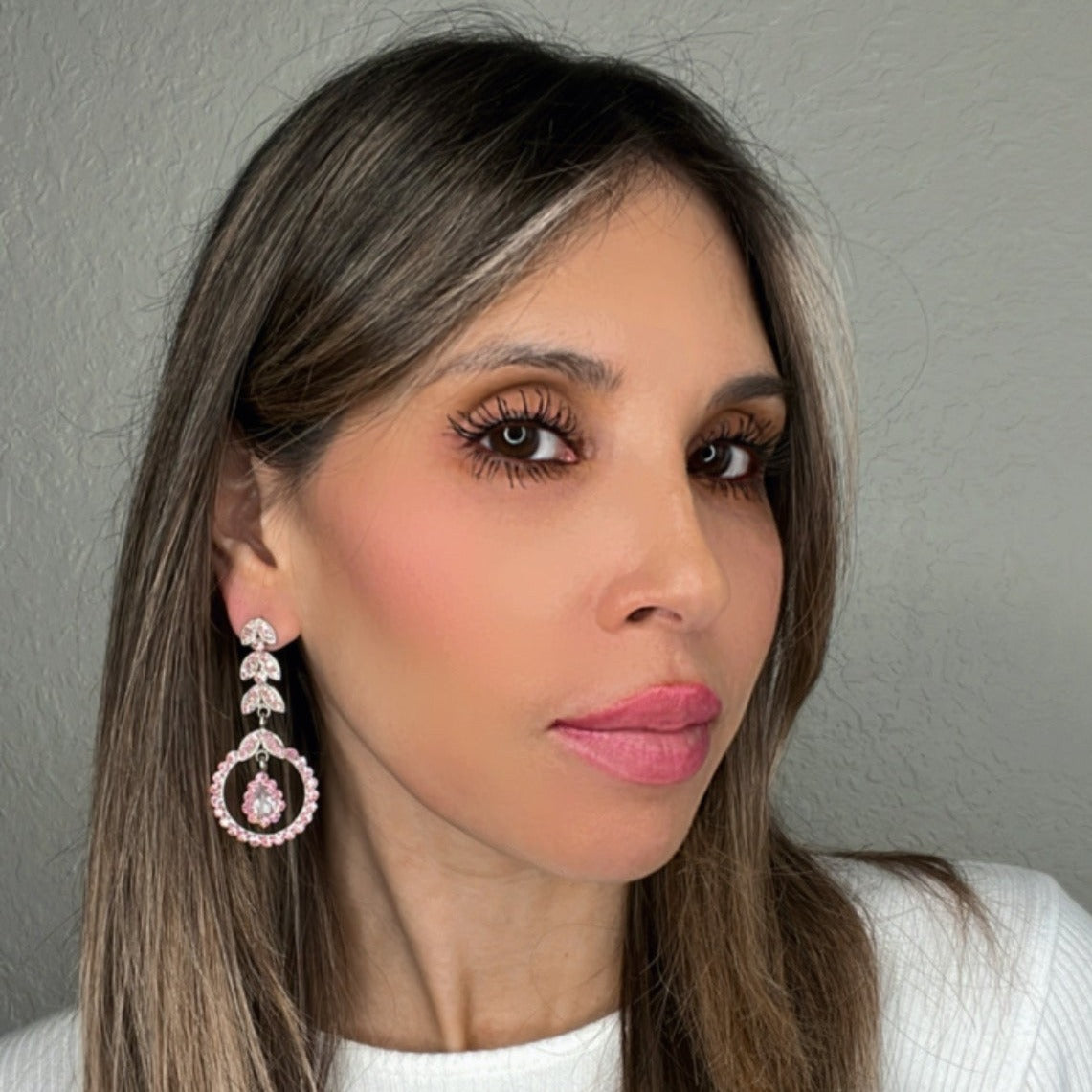 Pink Crystal Leaf Long Drop Earring - Born To Glam