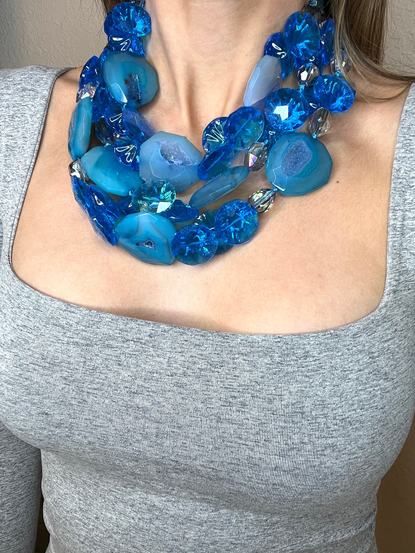 Load image into Gallery viewer, Blue Agate Triple Strand Statement Necklace - Born To Glam
