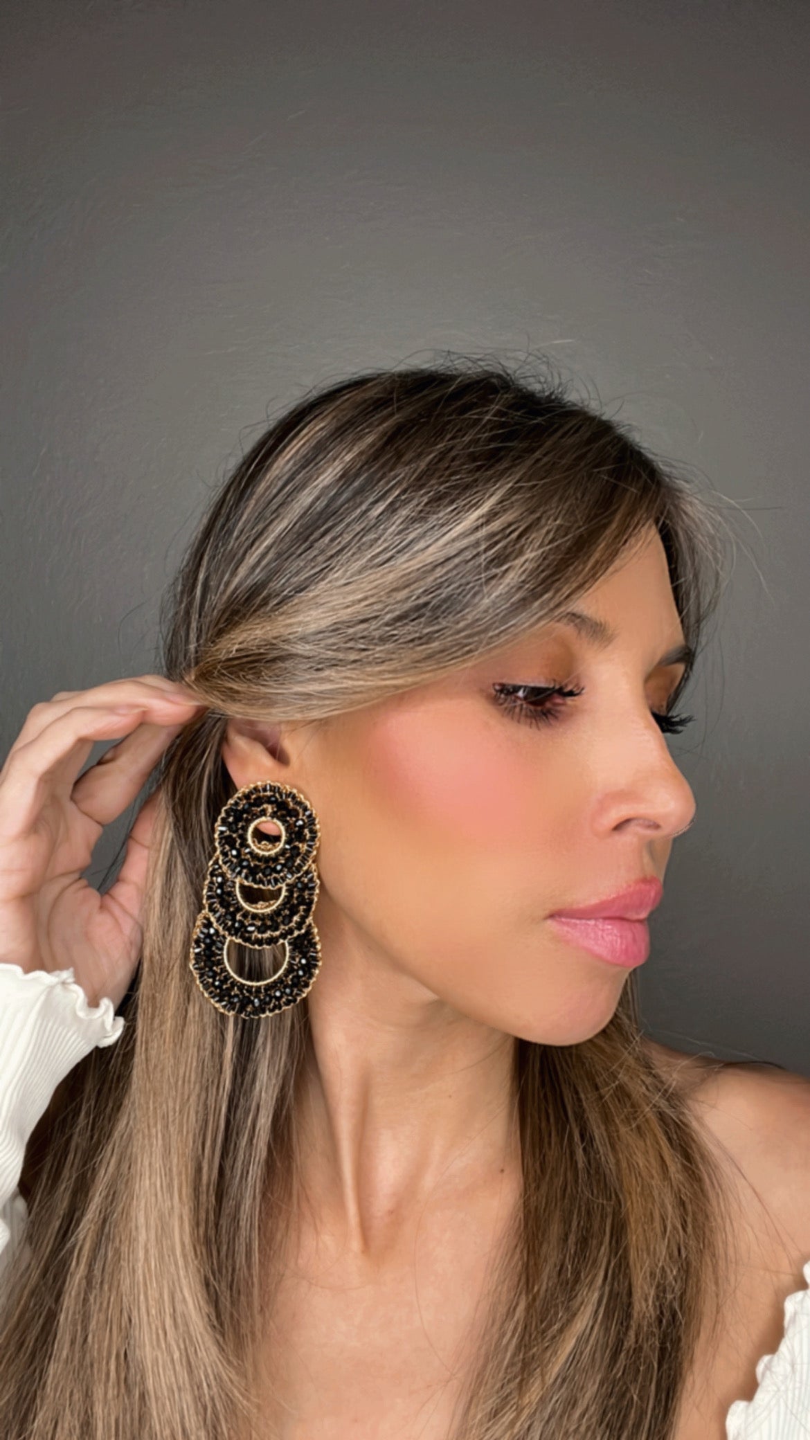Black and Gold Triple Circle Long Statement Earring - Born To Glam