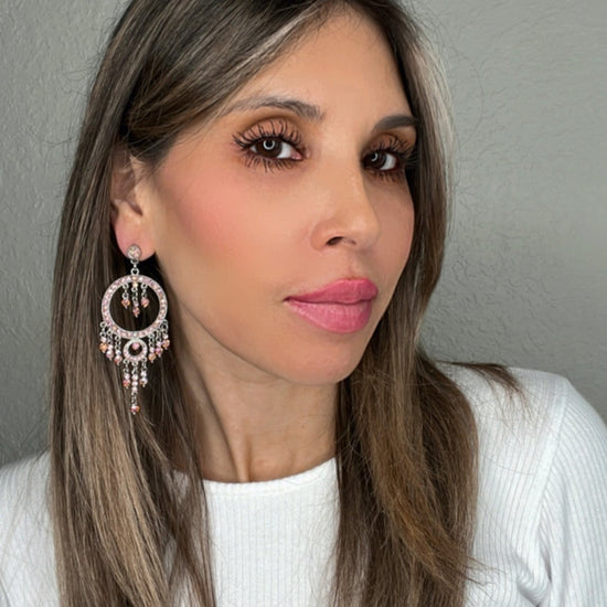 Pink Circle Fringe Crystal Chandelier Statement Earring - Born To Glam