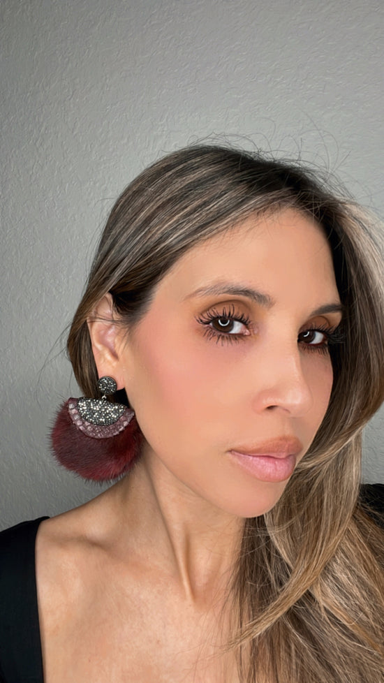 Burgundy Luxe Fur and Crystal Sterling Silver Earring - Born To Glam