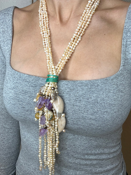 Pearl, Jade, & Amethyst Gemstone Lariat Necklace - Born To Glam