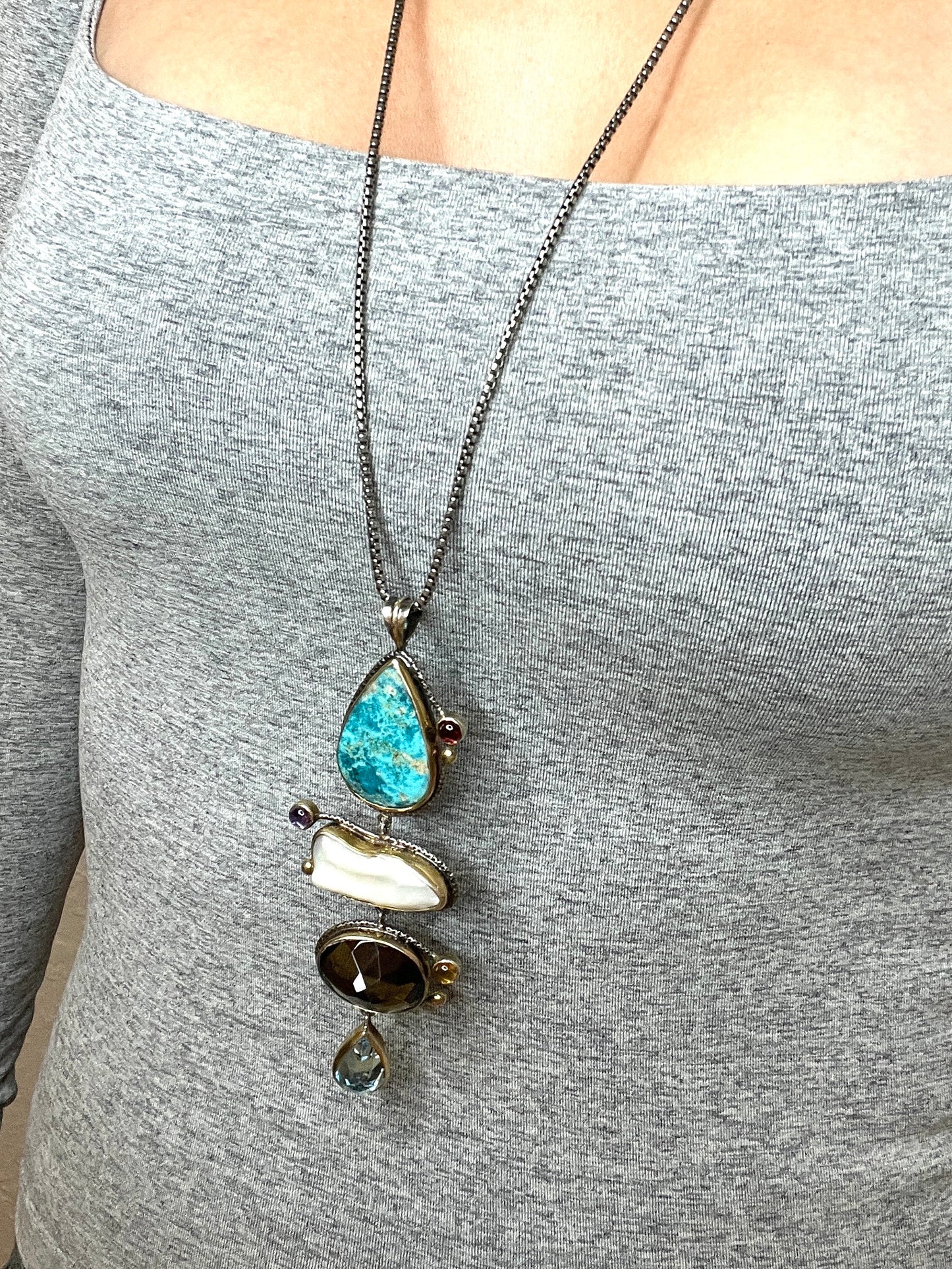 4 Tier Multi Gemstone Turquoise and Pearl Pendant - Born To Glam