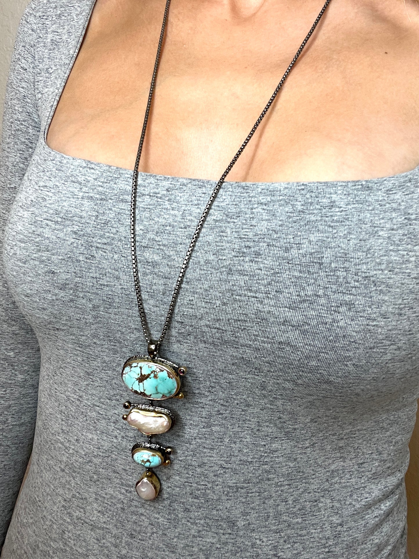 Load image into Gallery viewer, Double Turquoise and Pearl Sterling Silver Pendant - Born To Glam
