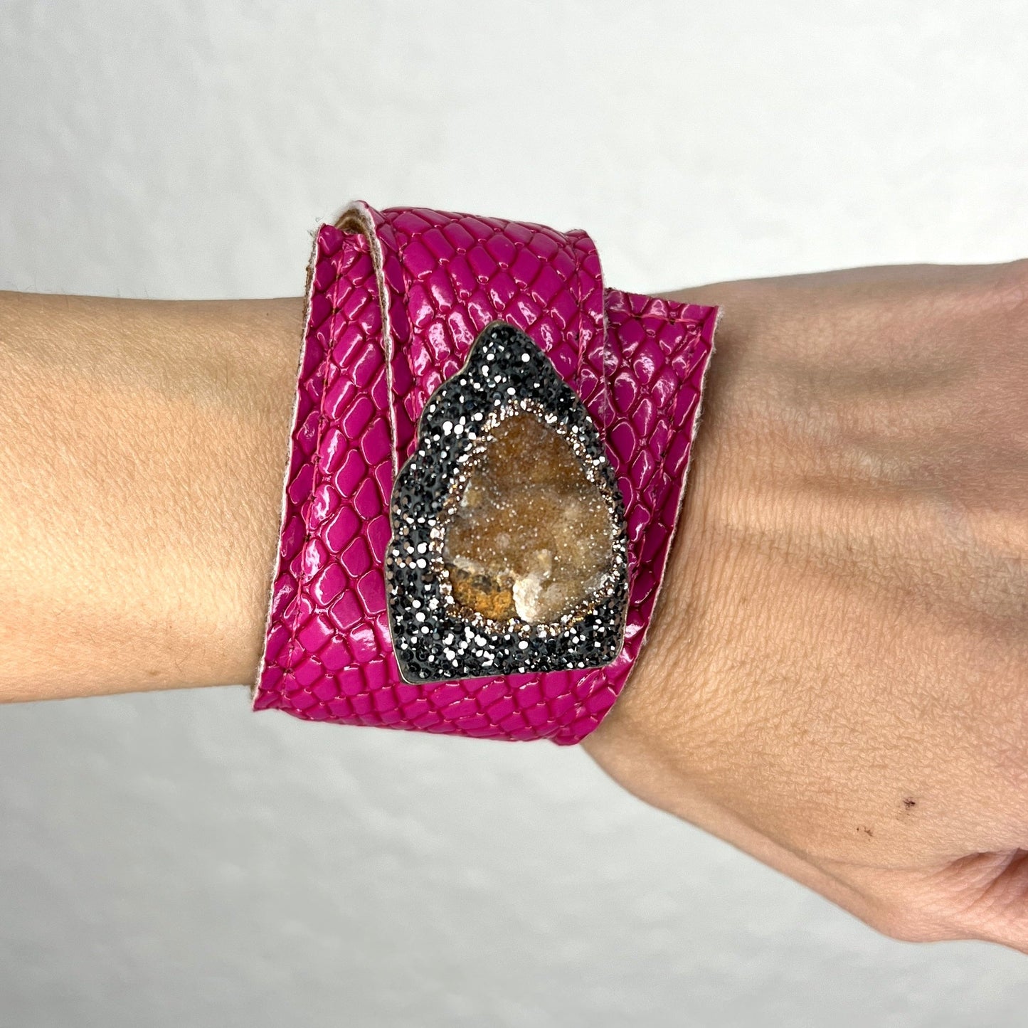 Load image into Gallery viewer, Pink Snakeskin Leather Wraparound Gemstone Bracelet
