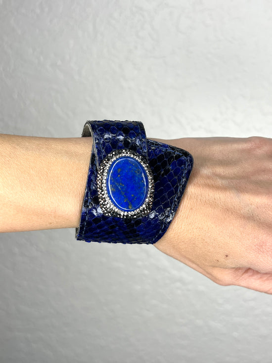 Royal Blue Snakeskin Leather Wraparound Gemstone Bracelet