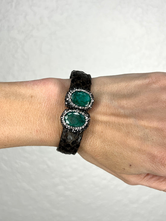 Load image into Gallery viewer, Double Emerald Small Splendor Gemstone Leather Cuff Bracelet
