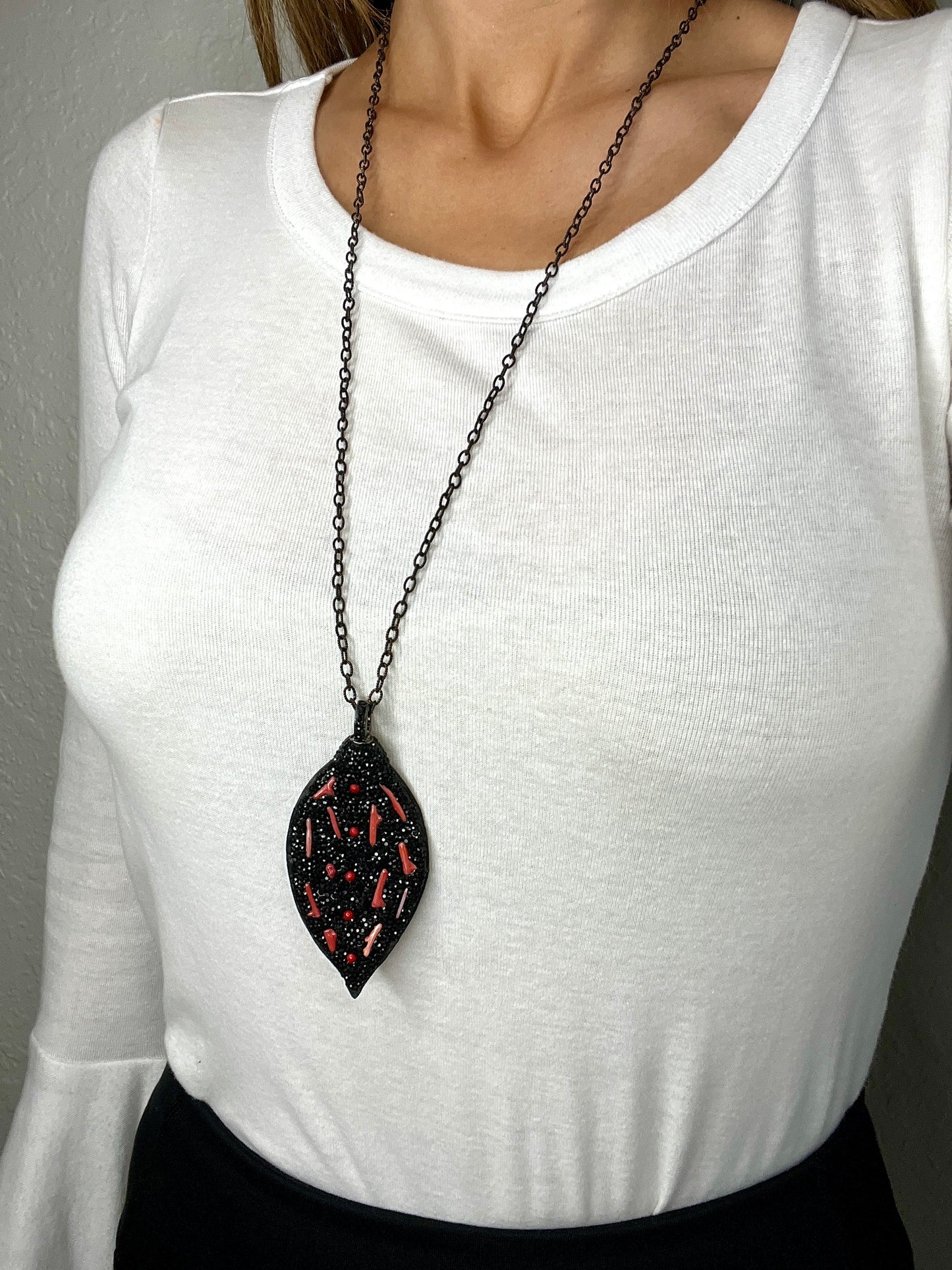 Black & Red Gemstone & Leather Pendant - Born To Glam