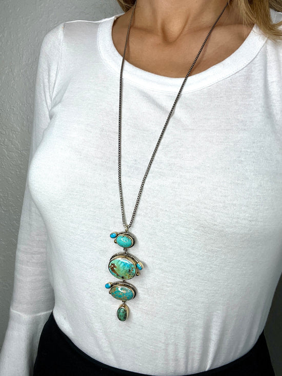 Load image into Gallery viewer, Long Turquoise &amp;amp; Gold Sterling Silver Pendant Necklace - Born To Glam
