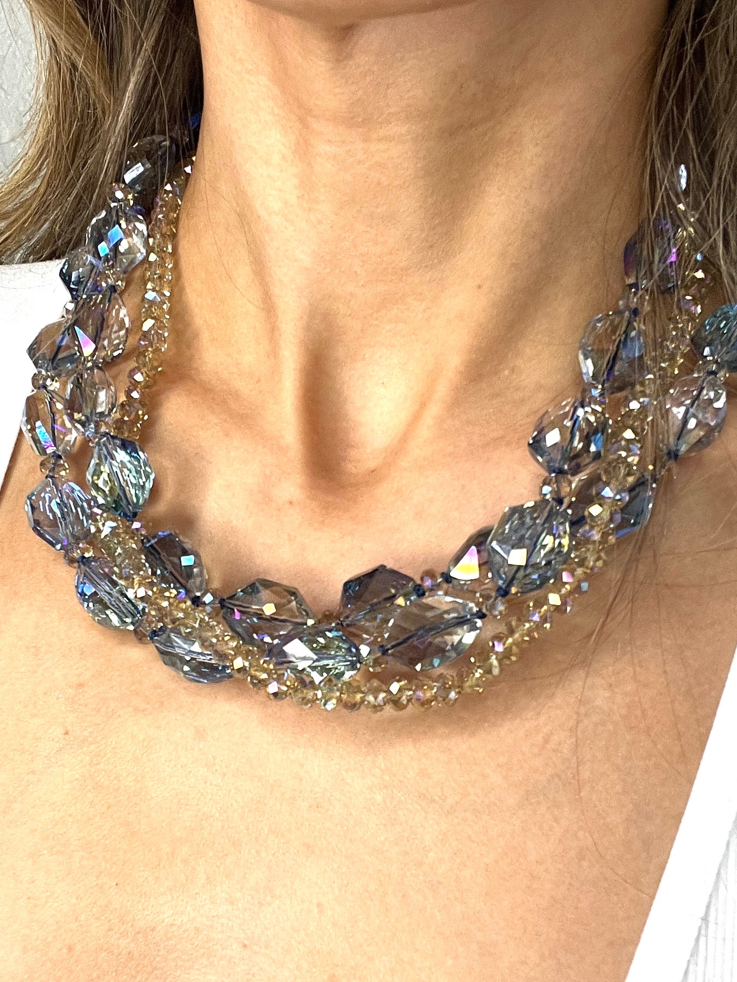 Blue Iridescent and Gold Crystal Multi-Layered Necklace - Born To Glam