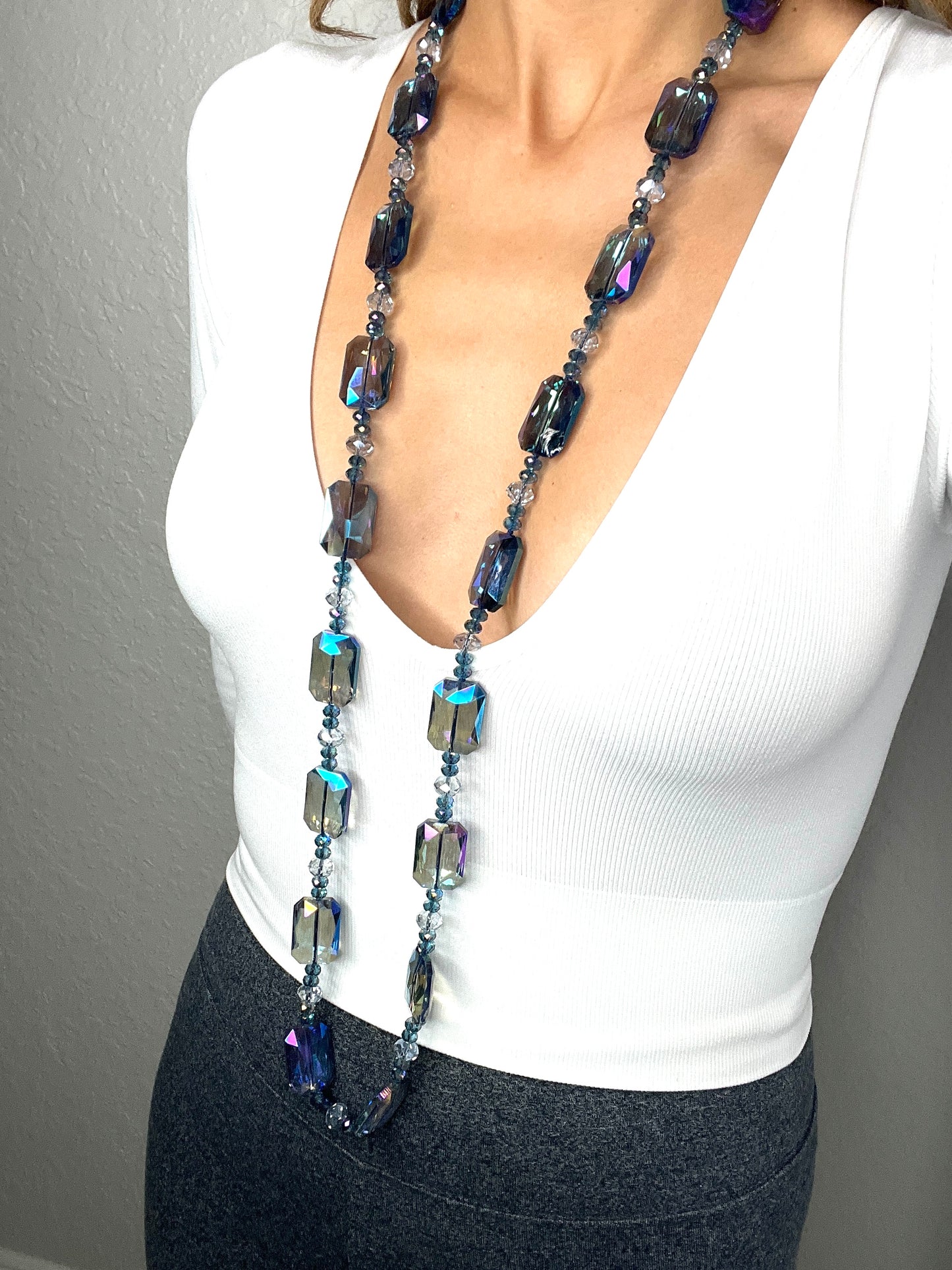 Long Blue Iridescent Rectangle Crystal Necklace - Born To Glam