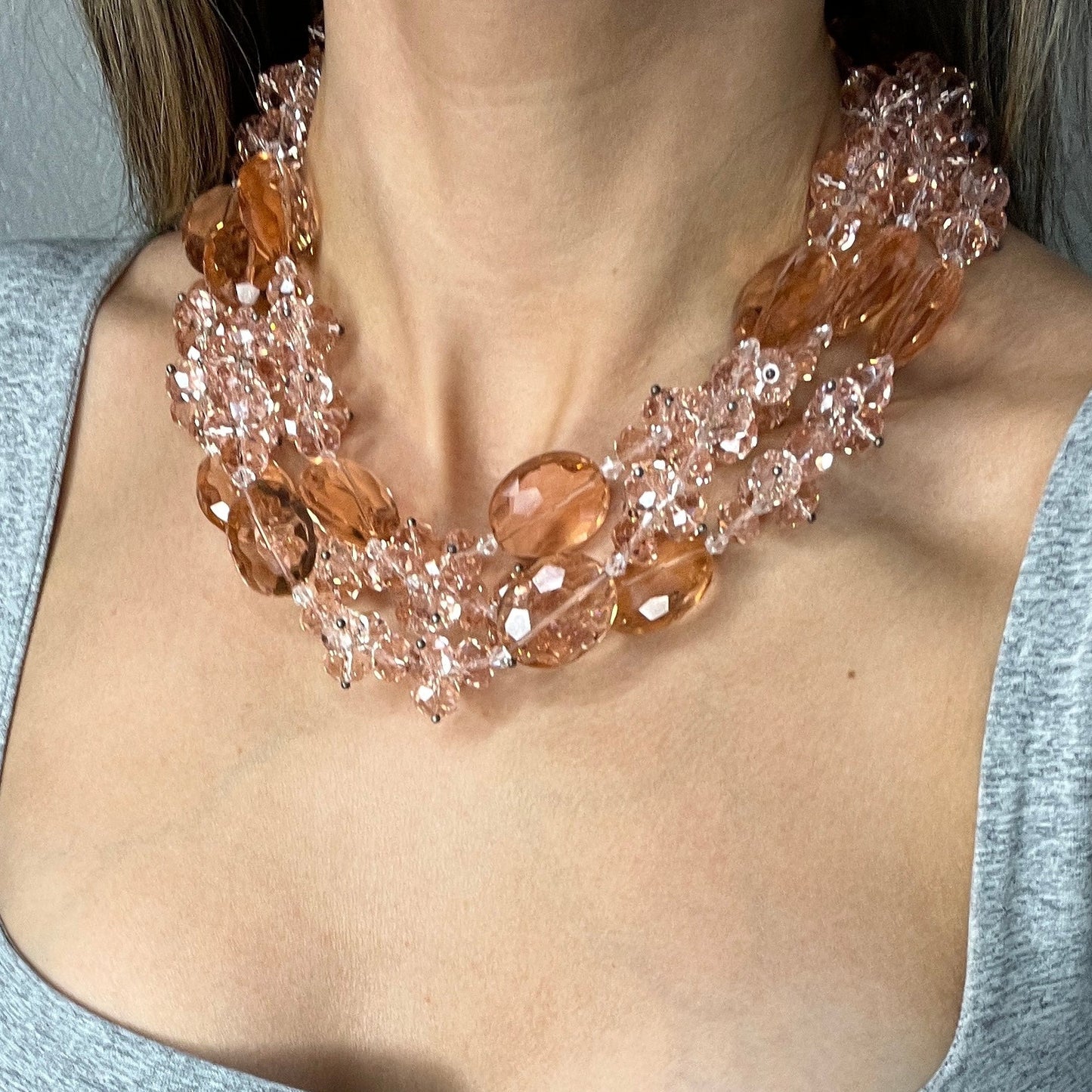 Peachy Pink Multi Strand Crystal Necklace - Born To Glam