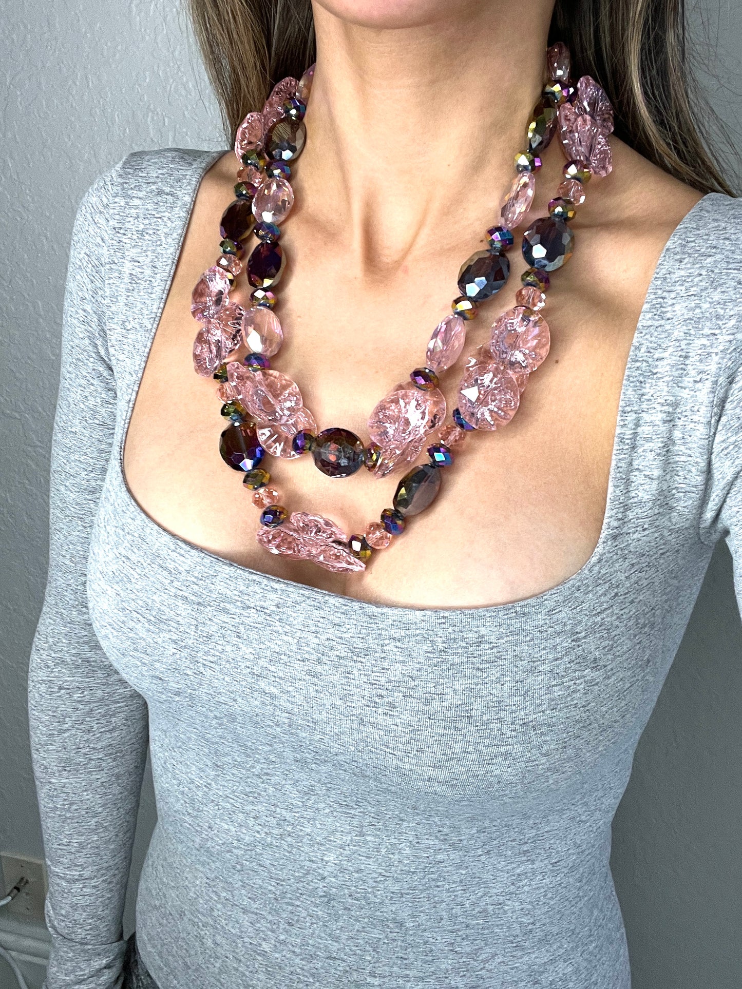 Load image into Gallery viewer, Pink and Purple Double Strand Statement Necklace - Born To Glam
