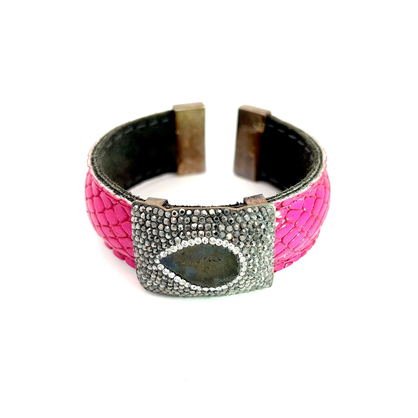 Hot Pink Leather Gemstone Bracelet Cuff - Born To Glam