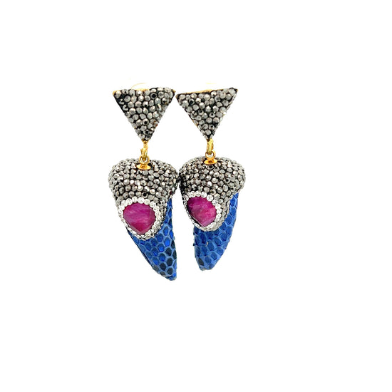 Royal Blue Mini Horn Crystal and Leather Earring - Born To Glam