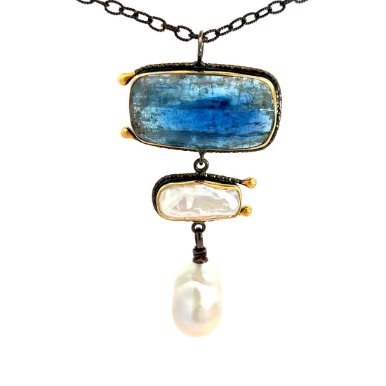 Large Blue Lapis Sterling Silver and Gold Pendant Necklace - Born To Glam