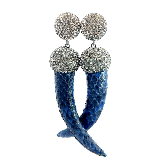 Load image into Gallery viewer, Navy Blue Leather and Crystal Horn Dangle Earring - Born To Glam
