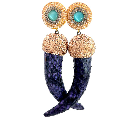 Load image into Gallery viewer, Purple Leather and Crystal Horn Dangle Earring - Born To Glam
