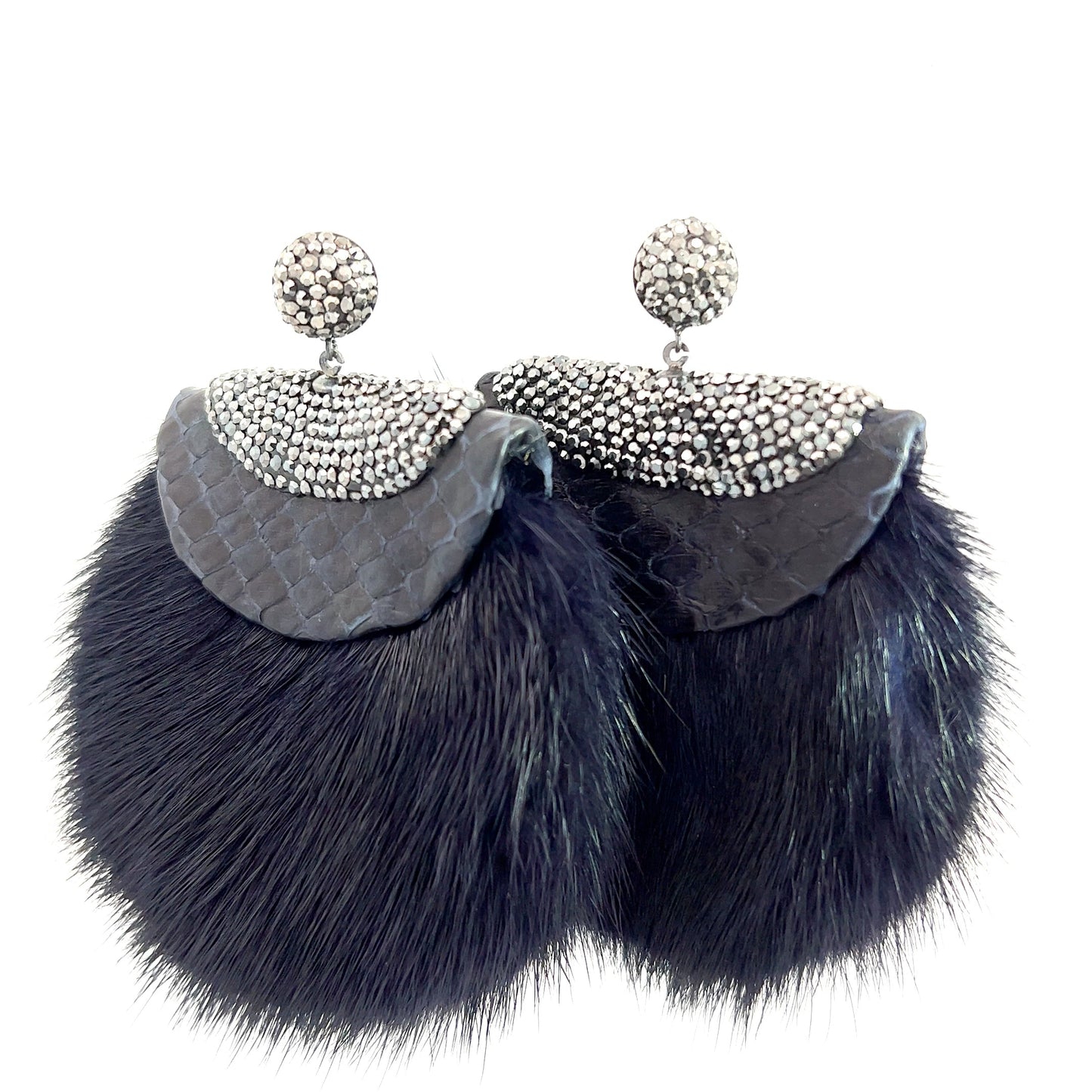 Navy Blue Luxe Fur and Crystal Statement Earring - Born To Glam