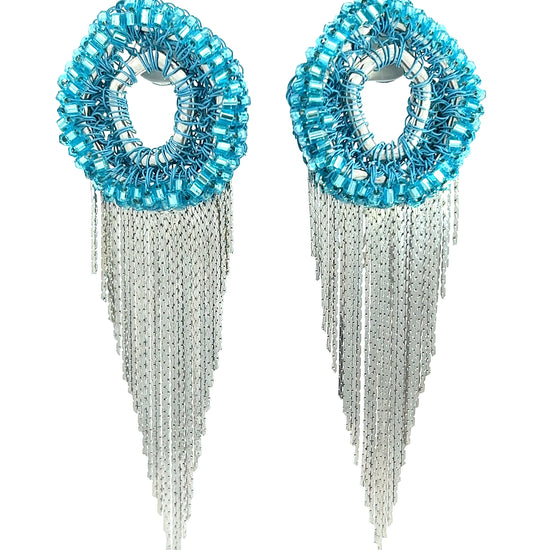 Turquoise Crystal Silver Fringe Statement Earring - Born To Glam