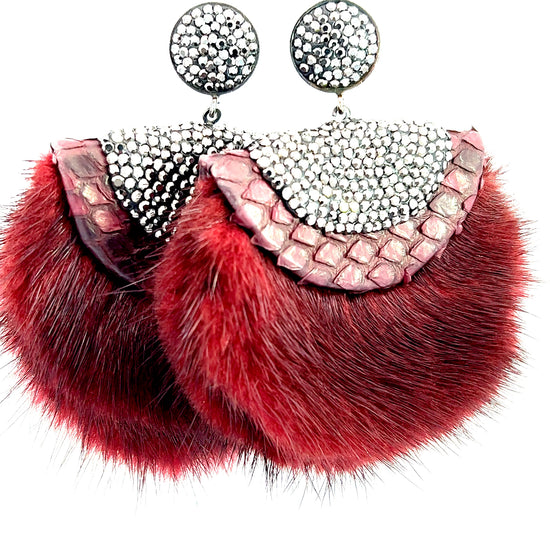 Load image into Gallery viewer, Burgundy Luxe Fur and Crystal Sterling Silver Earring - Born To Glam
