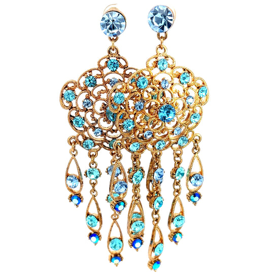 Load image into Gallery viewer, Blue and Gold Crystal Chandelier Statement Earrings - Born To Glam
