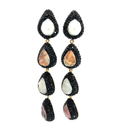Long Pearl and Pink Gemstone Earring - Born To Glam
