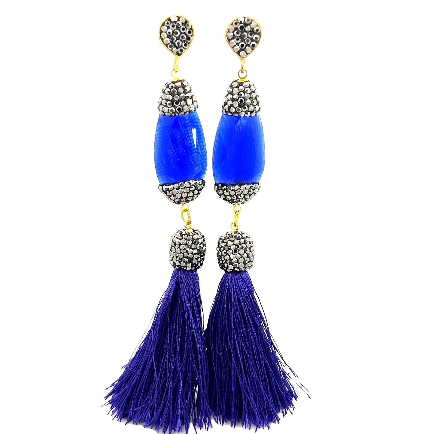Load image into Gallery viewer, Royal Blue Gemstone &amp;amp; Crystal Long Tassel Earring - Born To Glam
