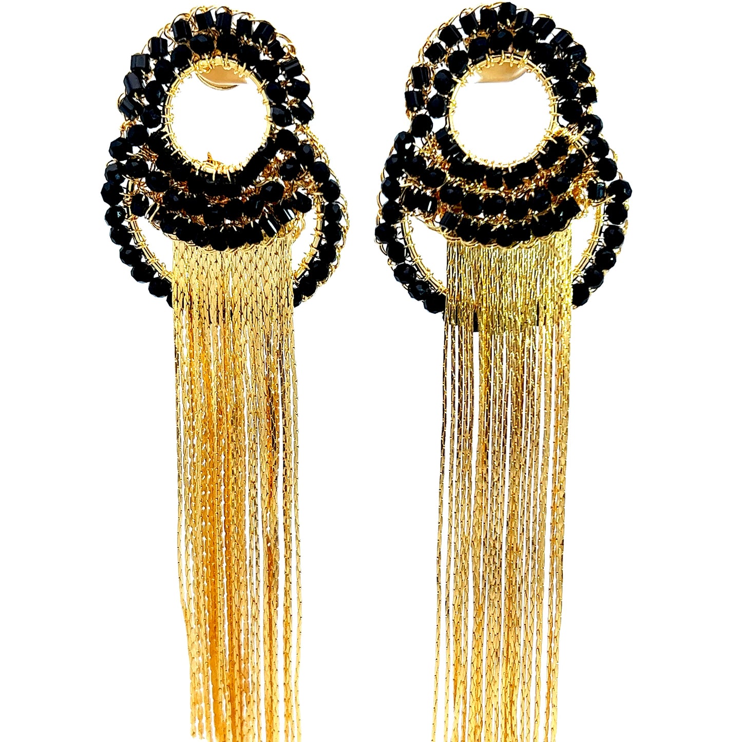 Load image into Gallery viewer, Black &amp;amp; Gold Crystal Fringe Earring - Born To Glam

