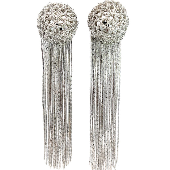 Load image into Gallery viewer, Silver Sphere Long Fringe Clip On Earring - Born To Glam
