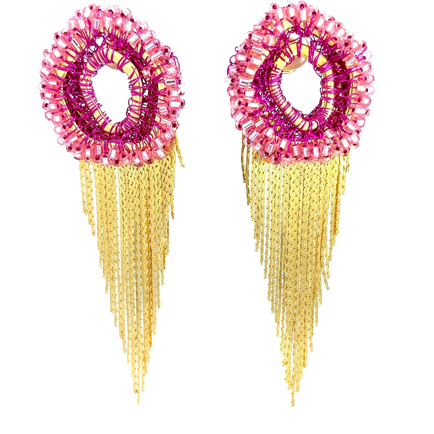 Load image into Gallery viewer, Pink Crystal &amp;amp; Gold Fringe Earring - Born To Glam
