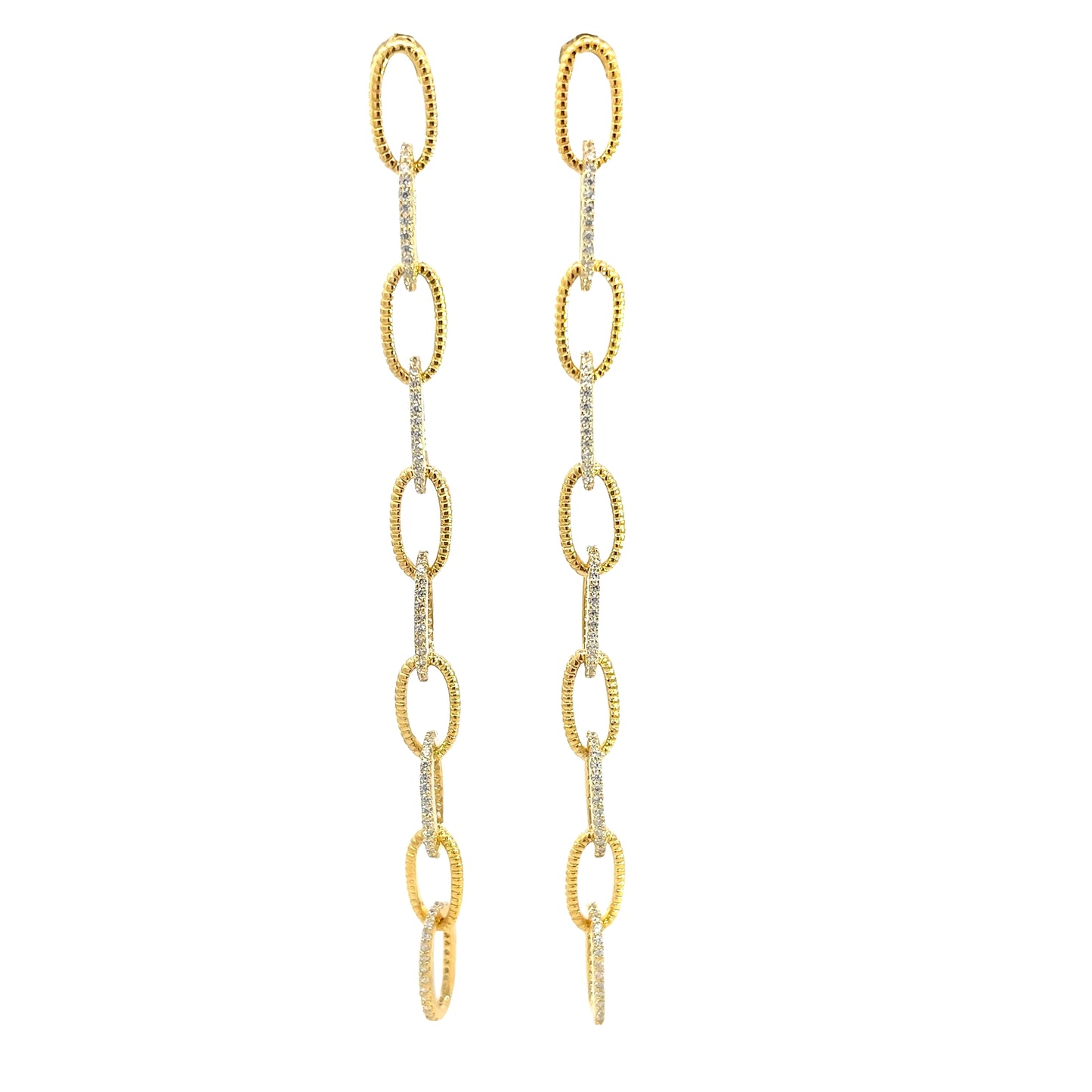 Gold Sterling Silver Chain Link CZ Long Earring - Born To Glam
