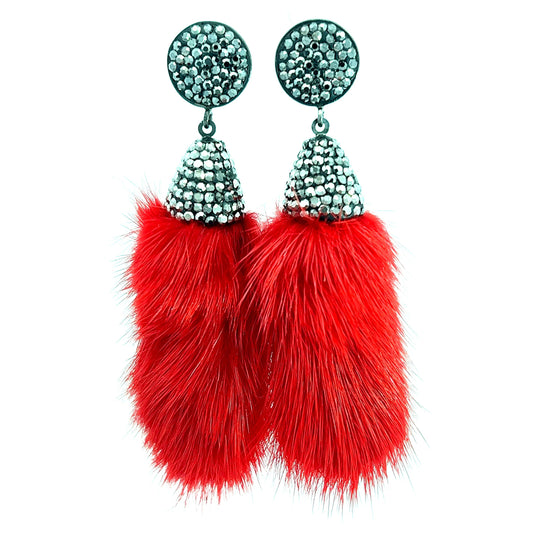 Red Fur Drop Crystal Earring - Born To Glam