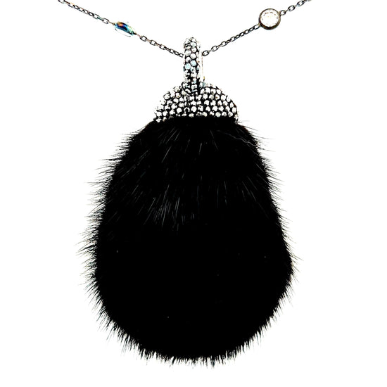 Black Luxe Fur Crystal Pendant Sterling Silver CZ Necklace - Born To Glam