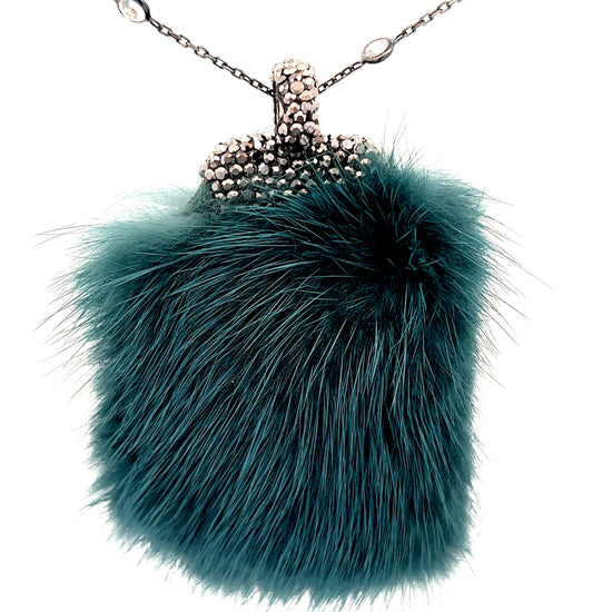 Teal Luxe Fur Crystal Pendant Sterling Silver Necklace - Born To Glam