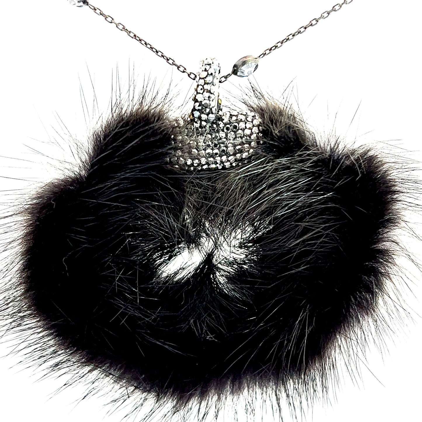 Black Circular Luxe Fur Crystal Pendant Sterling Silver Necklace - Born To Glam