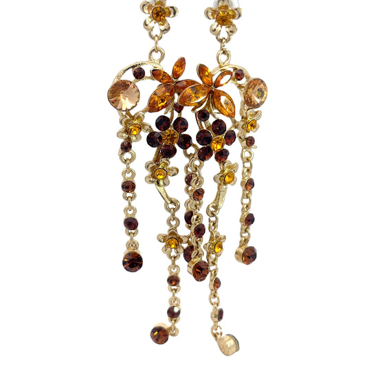 Gold and Brown Crystal Flower Chandelier Statement Earring - Born To Glam