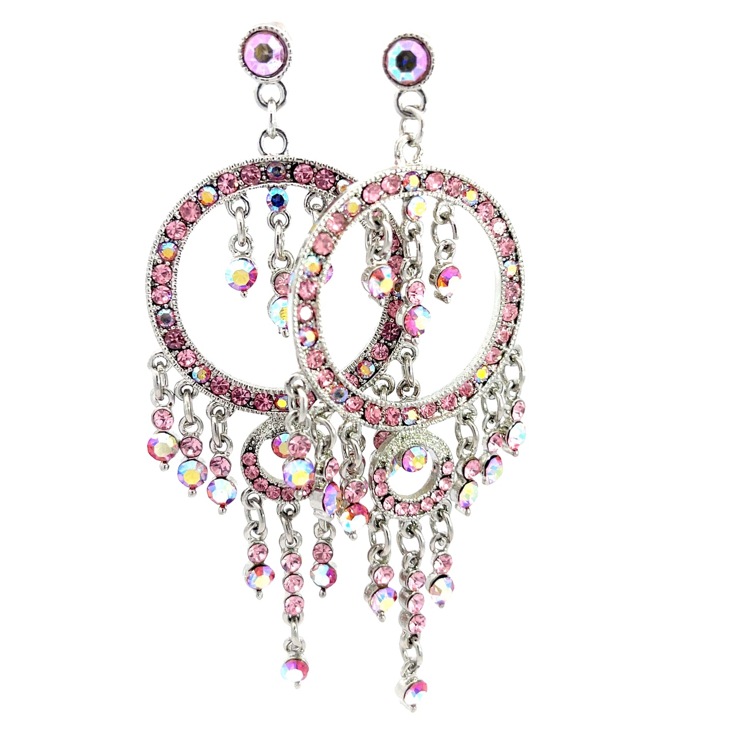 Pink Circle Fringe Crystal Chandelier Statement Earring - Born To Glam