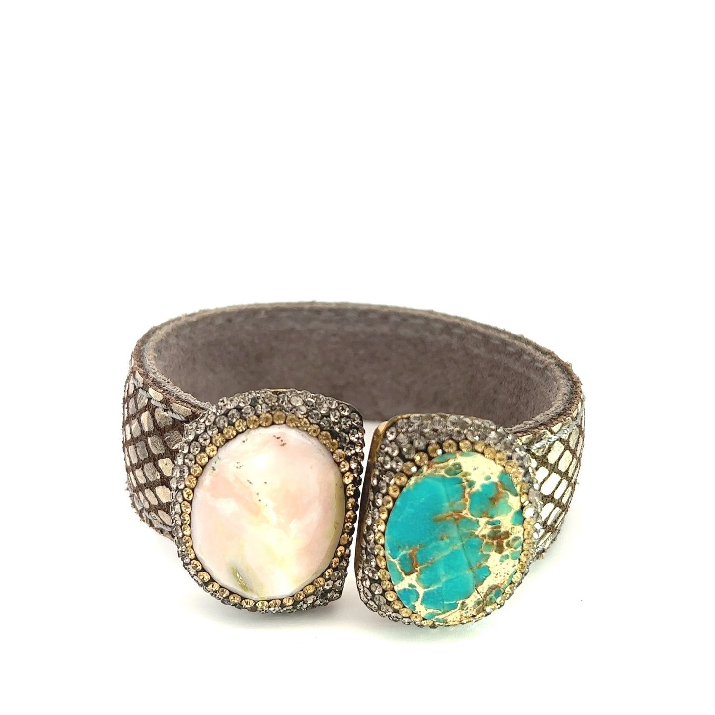 Pearl Turquoise Medium Gemstone Splendor Leather Bracelet - Born To Glam