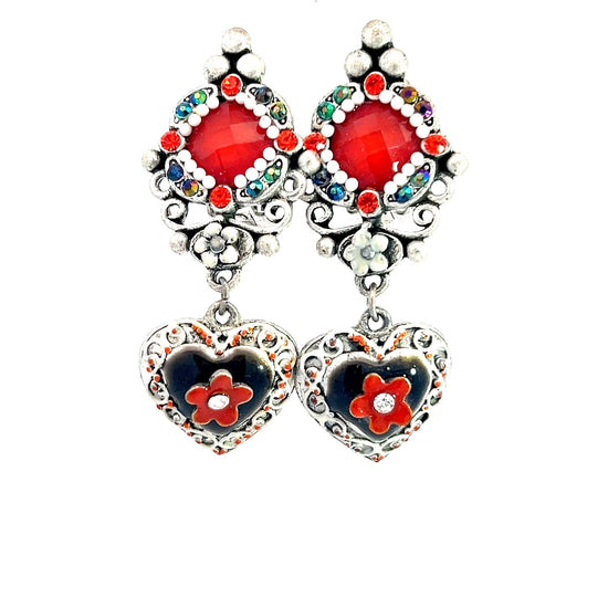 Red Floral Heart Dangle Earring - Born To Glam