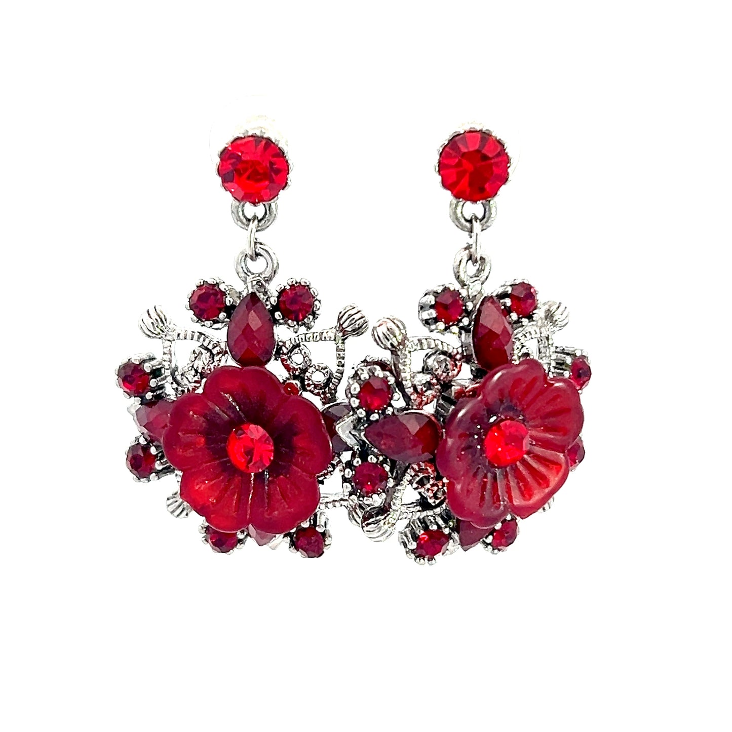 Load image into Gallery viewer, Red &amp;amp; Silver Floral Dangle Earring - Born To Glam
