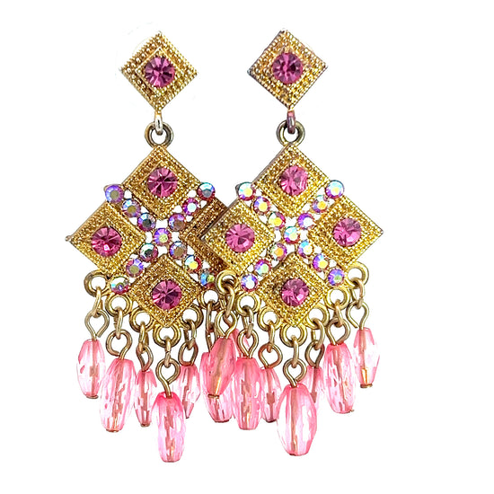 Load image into Gallery viewer, Pink Crystal &amp;amp; Gold Fringe Dangle Earring - Born To Glam
