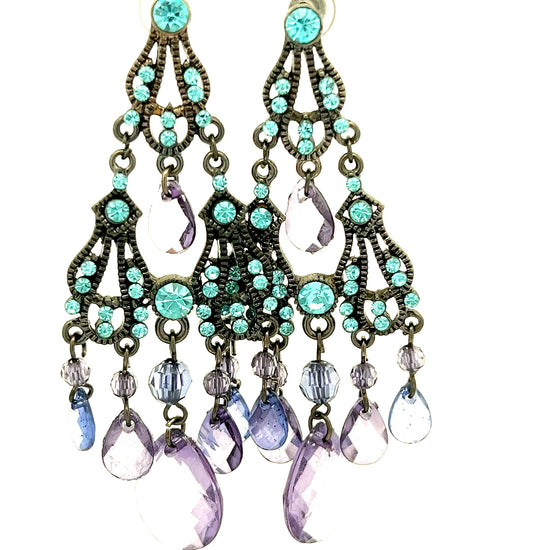 Load image into Gallery viewer, Turquoise Crystal &amp;amp; Purple Dark Silver Chandelier Earring - Born To Glam
