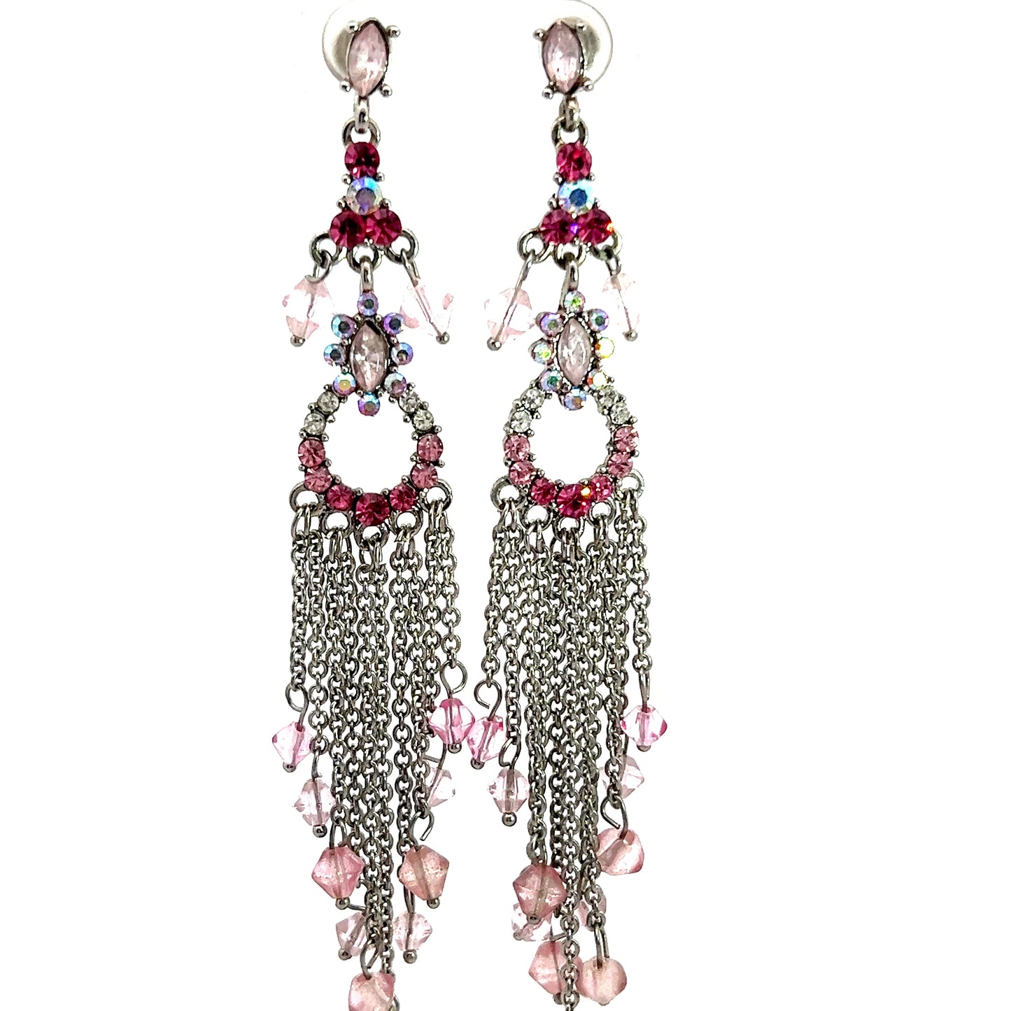 Load image into Gallery viewer, Pink Crystal &amp;amp; Silver Long Fringe Circle Earring - Born To Glam
