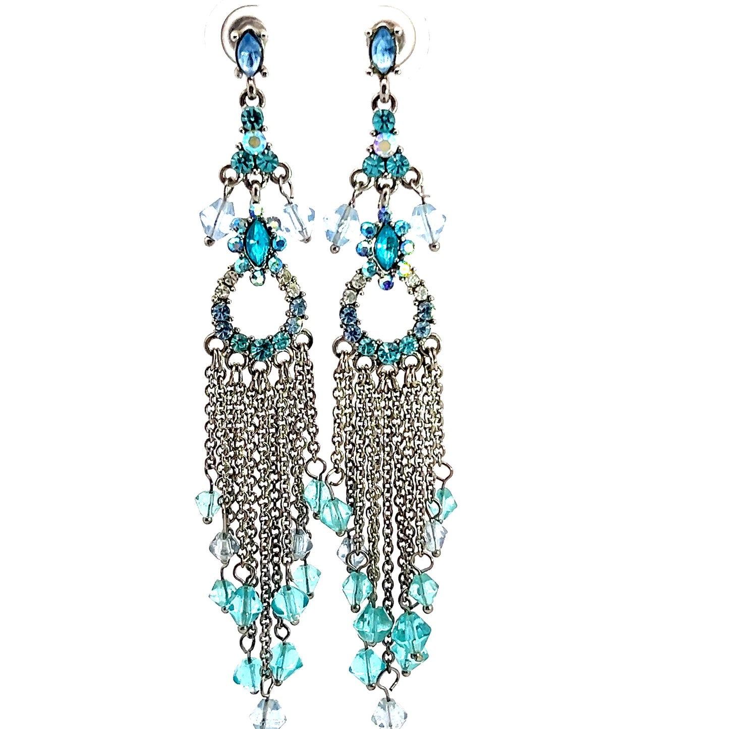 Turquoise Crystal & Silver Long Fringe Circle Earring - Born To Glam