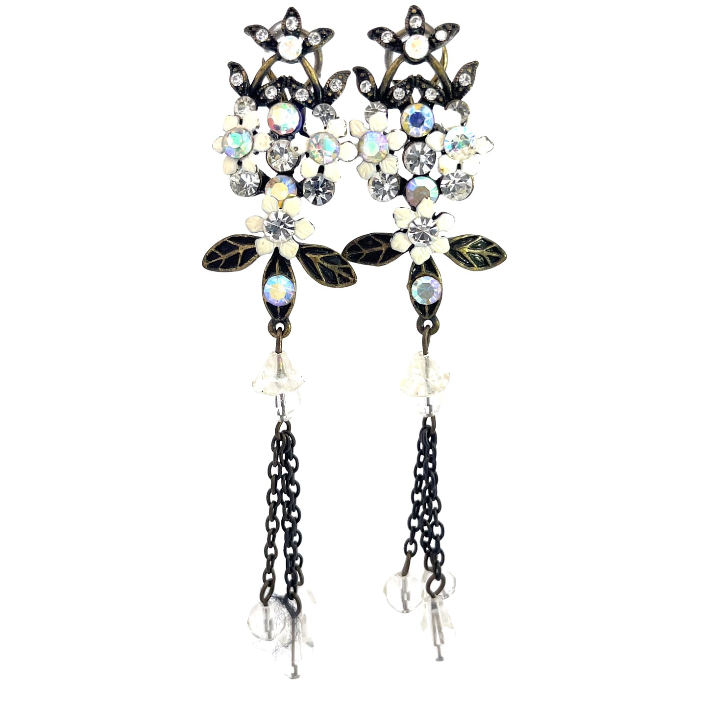 Black & Iridescent Crystal Long Floral Earring - Born To Glam